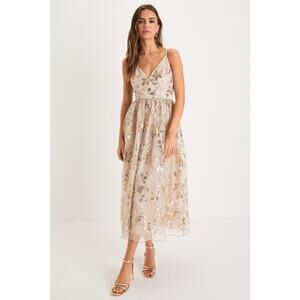 NWT Lulus Glittery Glamour Gold Floral Embroidered Sequin Midi Dress Glam Gala L